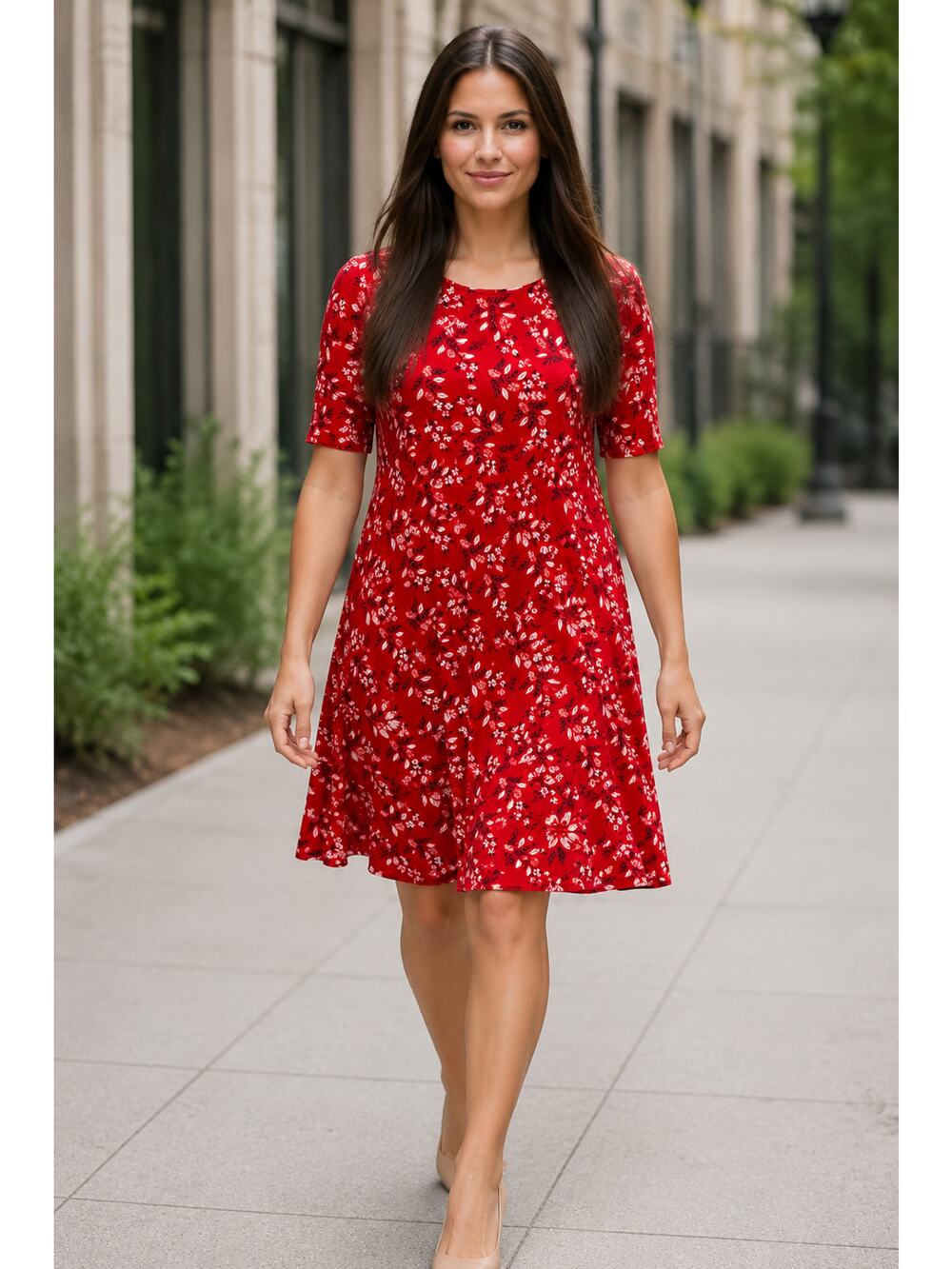 LR3108 St. John's Bay Red Floral Swing Dress Medium Midi Casual Stretch Knit